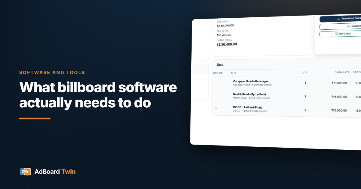 An AdBoard Twin proposal showing per-site rates, GST and the generated client deck